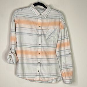 PrAna Percy Striped Roll Tab Sleeve Organic Cotton Shirt Women's Size Small